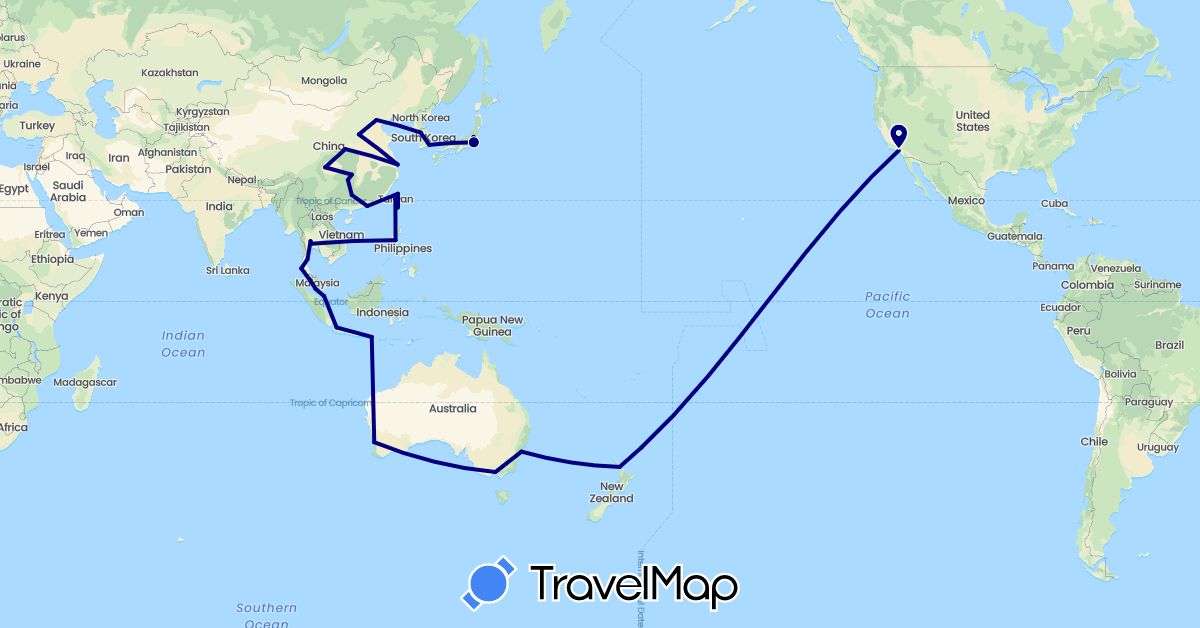 TravelMap itinerary: driving in Australia, China, Indonesia, Japan, South Korea, Malaysia, New Zealand, Philippines, Singapore, Thailand, Taiwan, United States (Asia, North America, Oceania)